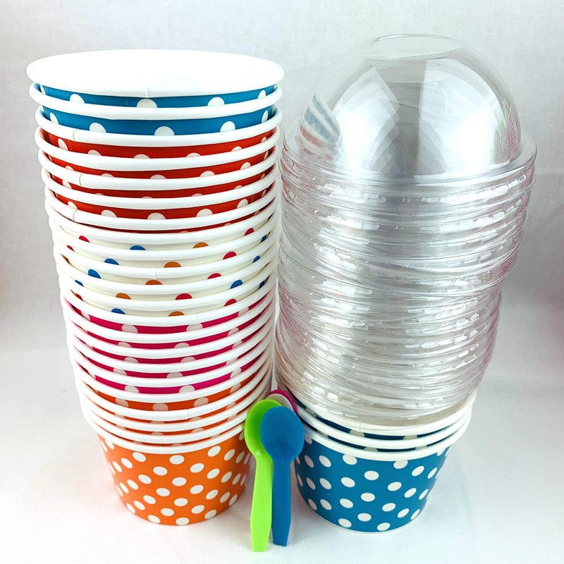 Worlds Paper Ice Cream Cups With Dome Lids No Hole And Plastic Spoons,Polka Dot 8oz Mix 25 Set - Image 2